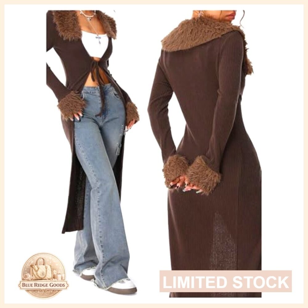 Fur Trim Cardigan Tie Front Midi Length Fuzzy Knit Sweater Chic Fall - Picture 4 of 5